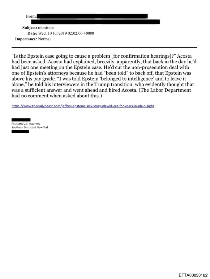 Email claiming Acosta said Epstein 'belonged to intelligence'