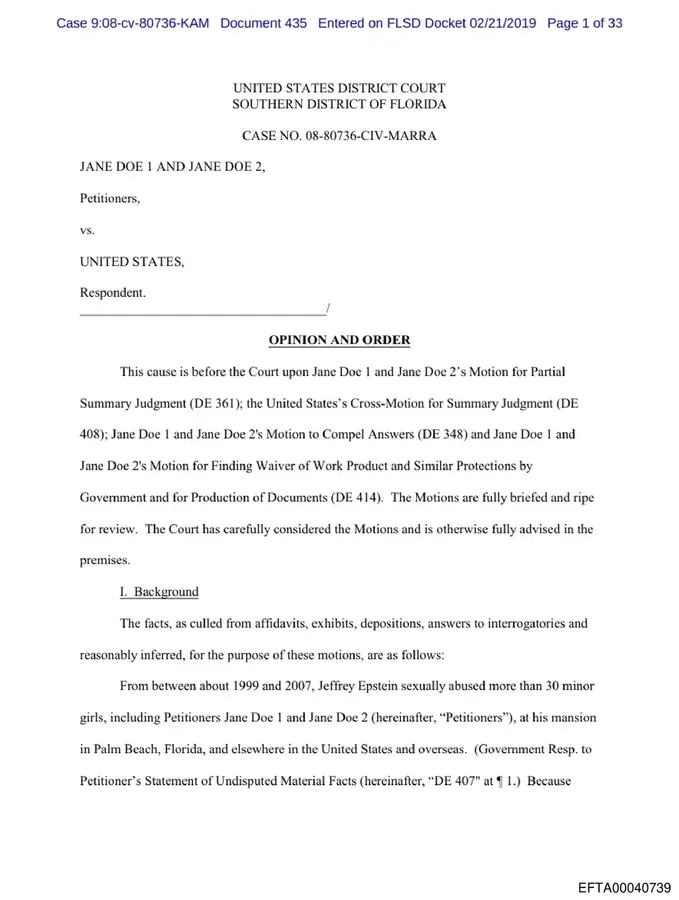 First page of Judge Kenneth Marra's ruling finding the government violated the CVRA