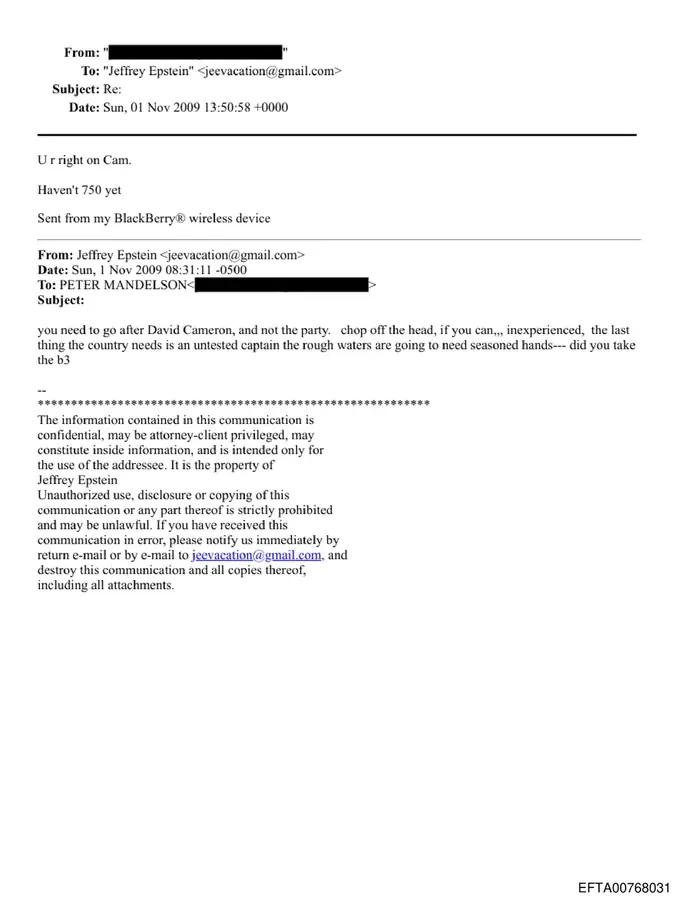 November 1, 2009 email page in which Jeffrey Epstein tells Peter Mandelson to go after David Cameron and not the party