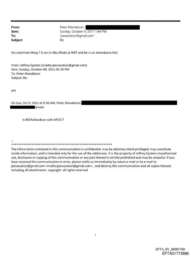 October 9, 2011 email page showing Peter Mandelson writing from Abu Dhabi at the World Economic Forum and asking Jeffrey Epstein whether Bill Richardson is with APCO