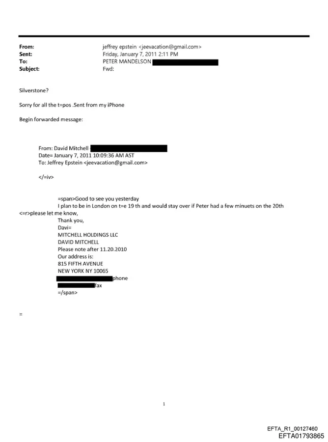 January 7, 2011 forwarded email page about Jeffrey Epstein being in London on January 19 and staying over if Peter Mandelson had a few minutes on January 20