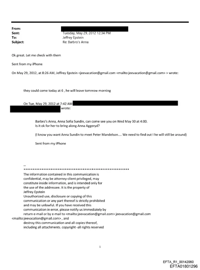 May 29, 2012 email page saying Jeffrey Epstein wanted Anna Sofia Sundin to meet Peter Mandelson