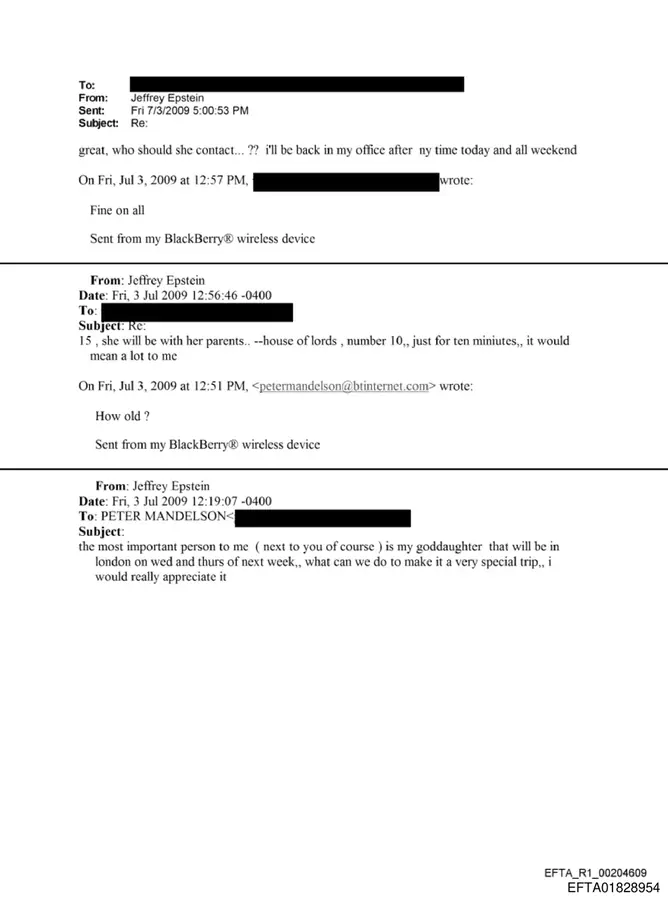 July 3, 2009 email page in which Jeffrey Epstein asks Peter Mandelson to help make a London trip special for his 15-year-old goddaughter, who will be with her parents