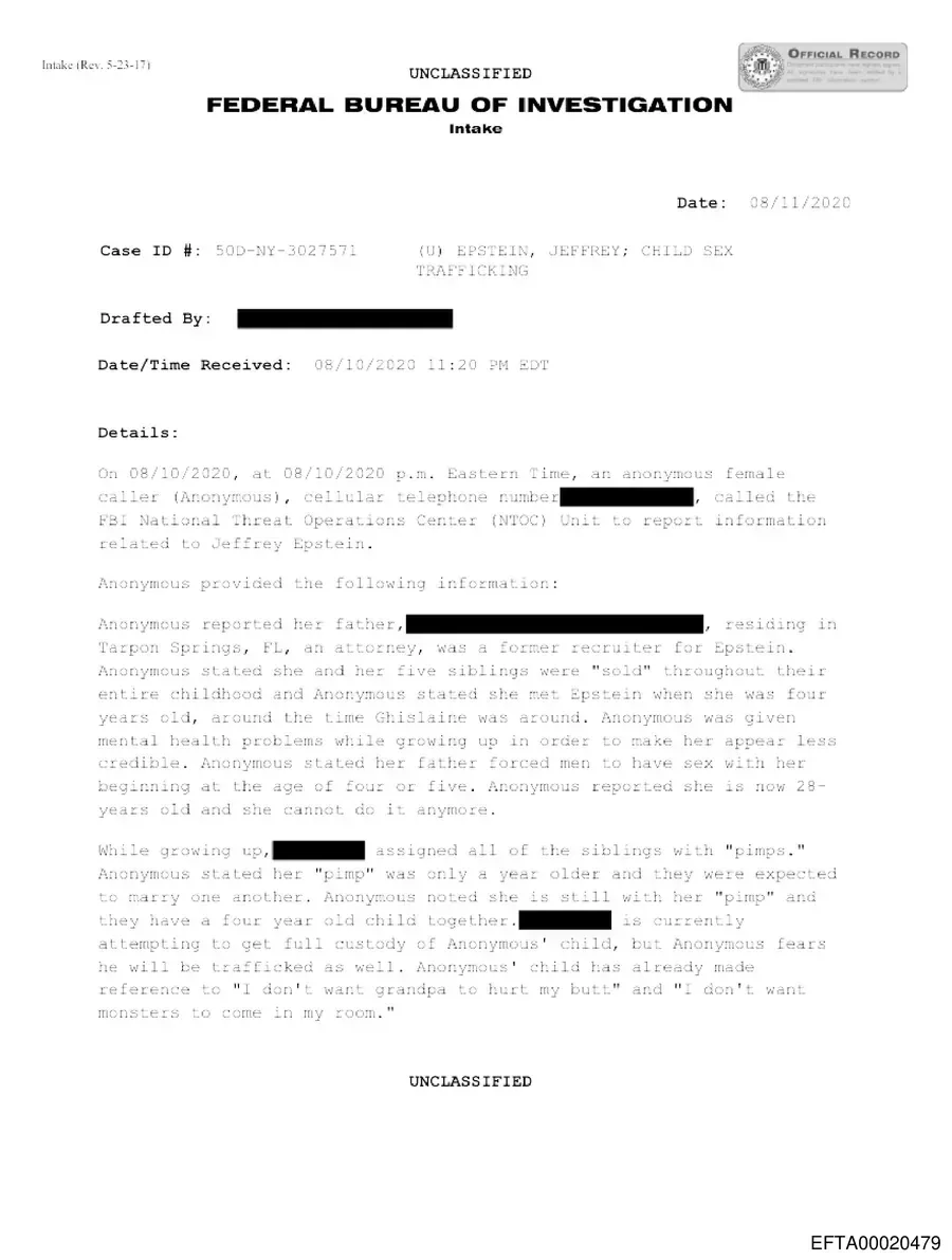 FBI intake form containing anonymous tip referencing Prince Andrew