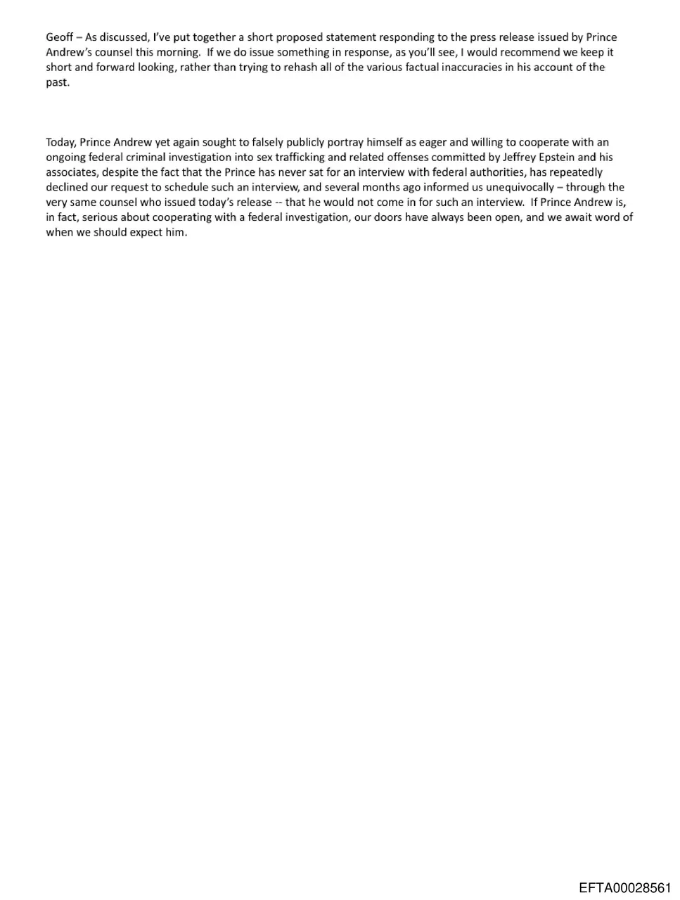 SDNY draft statement asserting Prince Andrew had not sat for a federal interview