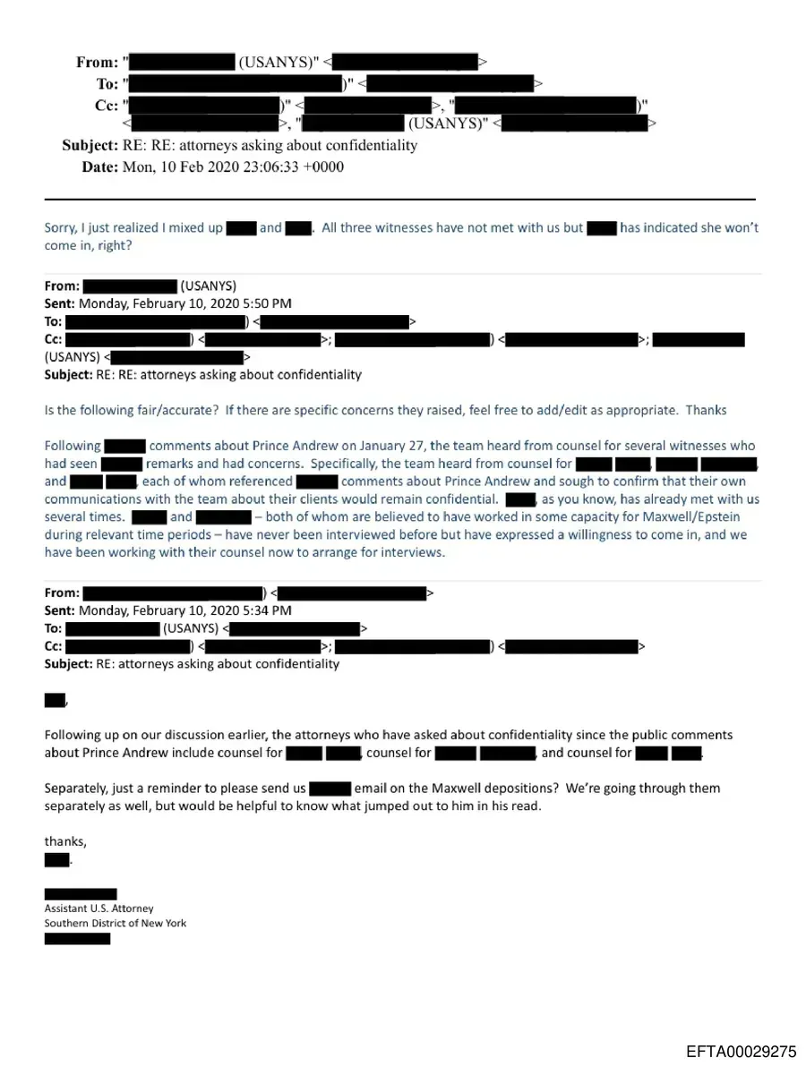 Internal SDNY email discussing witness counsel confidentiality concerns related to Prince Andrew