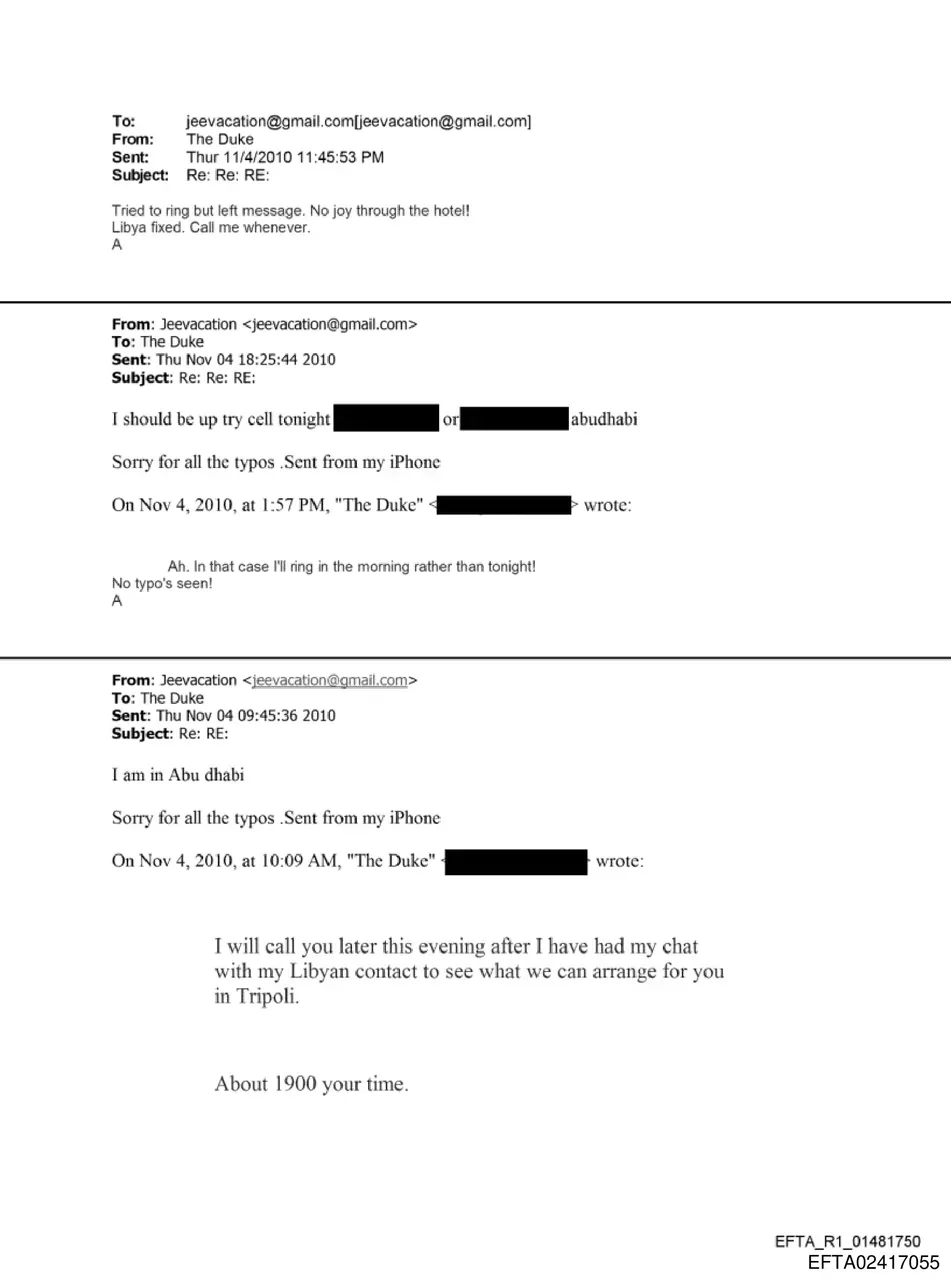 2010 email in DOJ files between Epstein and The Duke referencing Abu Dhabi and Tripoli arrangements