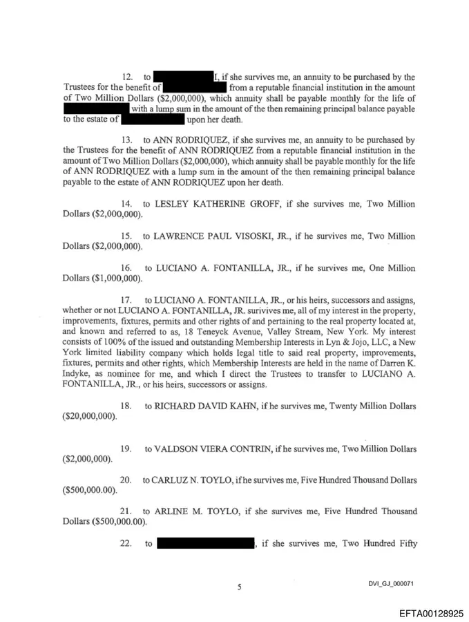 Page 5 of the amended February 4, 2019 Epstein trust directing a $20 million bequest to Richard David Kahn