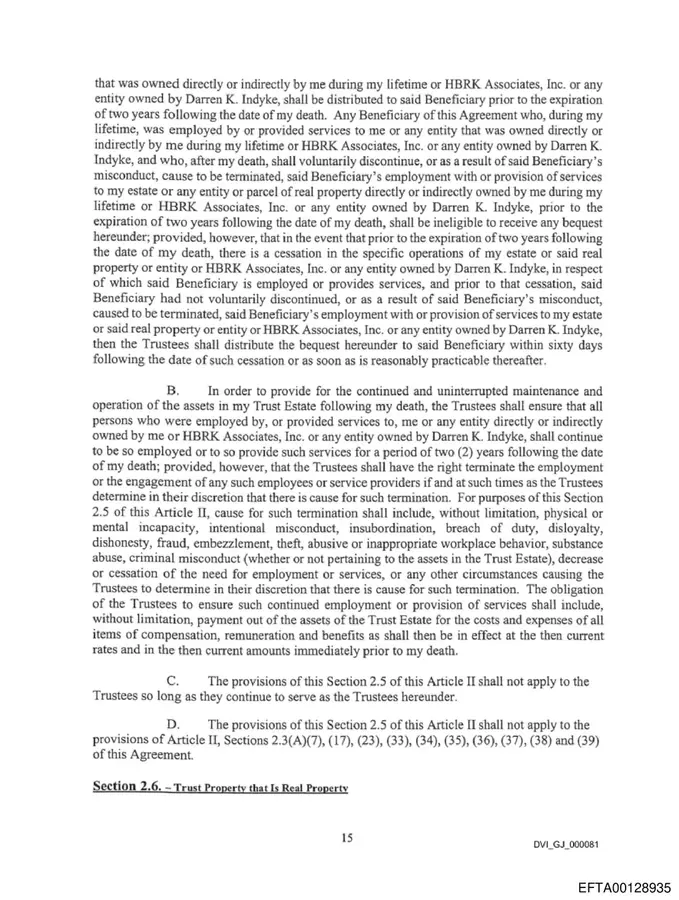 Page 15 of the amended February 4, 2019 trust requiring continued employment or services for certain beneficiaries after Epstein's death