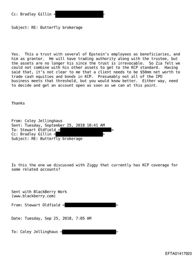 Deutsche Bank email describing Butterfly Trust as a trust with several of Epstein's employees as beneficiaries and Epstein as grantor
