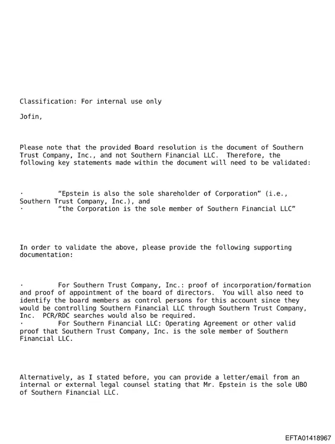 Deutsche Bank AML email requiring control-person checks for Darren K. Indyke and Richard Kahn because they control Southern Trust Company, the sole member of Southern Financial LLC