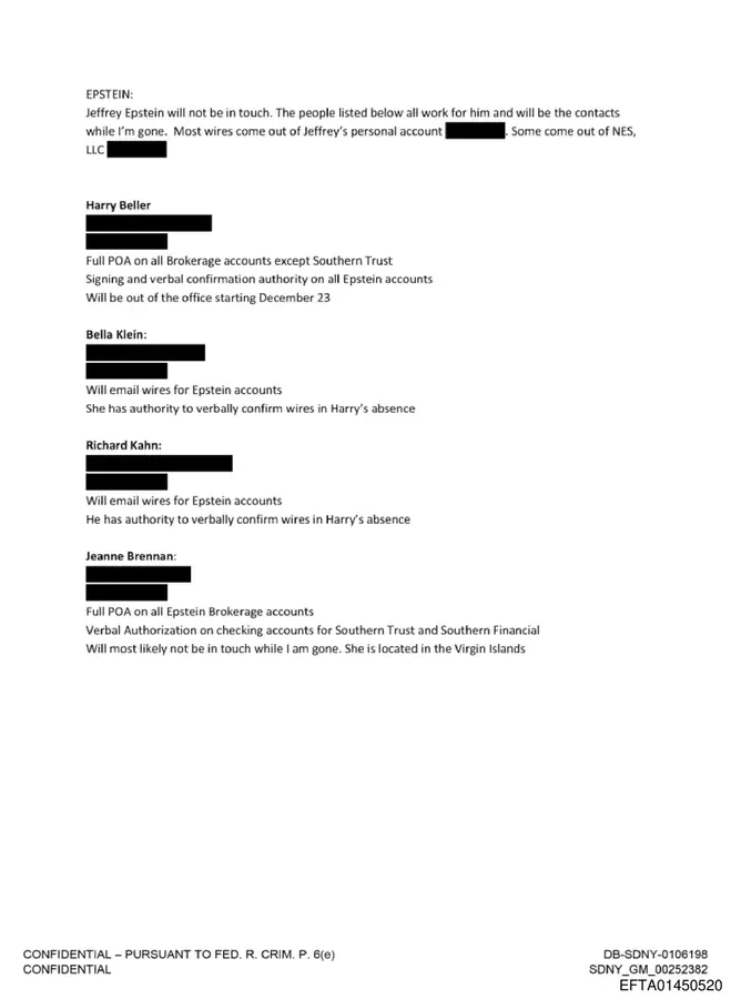 Confidential financial contacts list stating Richard Kahn will email wires for Epstein accounts and can verbally confirm them