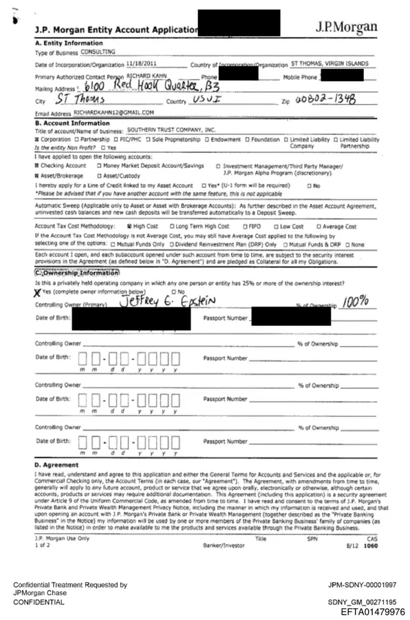 J.P. Morgan entity account application listing Jeffrey Epstein as the controlling owner of Southern Trust Company and Richard Kahn as the authorized contact