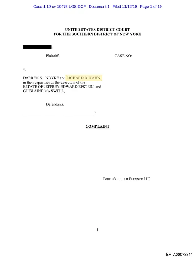 Page 1 of federal complaint naming Richard D. Kahn as co-defendant alongside Ghislaine Maxwell