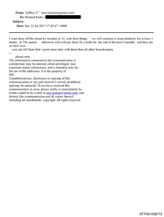 July 22, 2017 email from Jeffrey Epstein to Richard Kahn about keeping Kimberly for $75k annually and removing people from the island by Monday