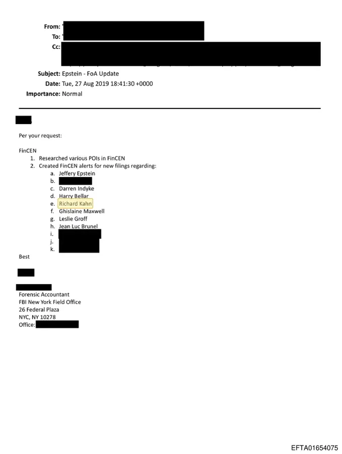 FBI New York Field Office email creating FinCEN alerts for Epstein, Kahn, Maxwell, Brunel and others, dated August 27, 2019