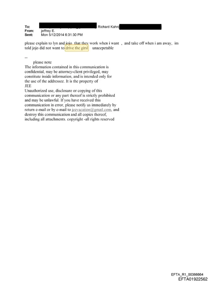 May 12, 2014 email from Jeffrey Epstein about 'jojo did not want to drive the girsl unacceptable'