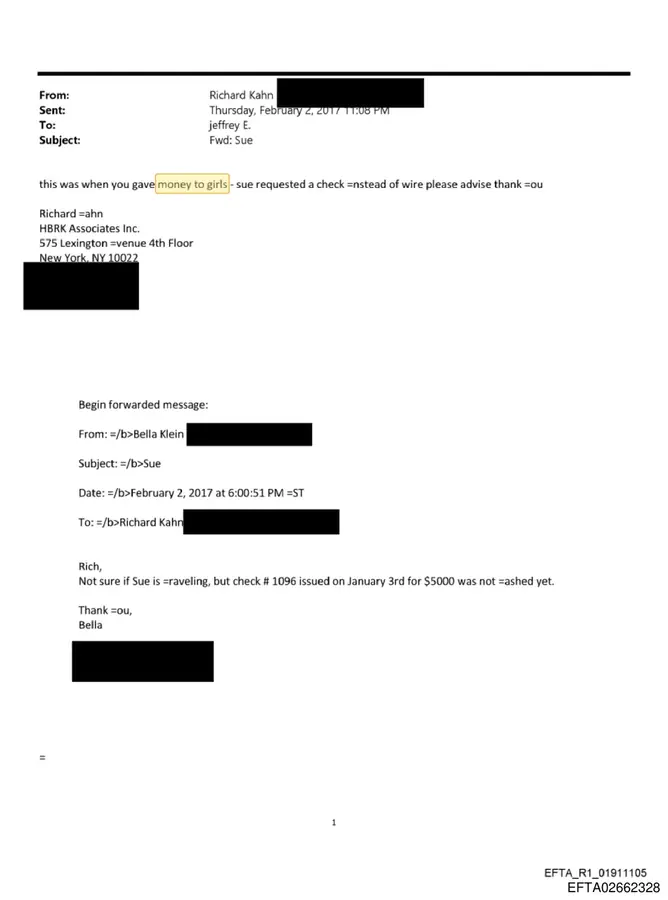 February 2, 2017 email from Richard Kahn to Jeffrey Epstein with the phrase 'this was when you gave money to girls' highlighted