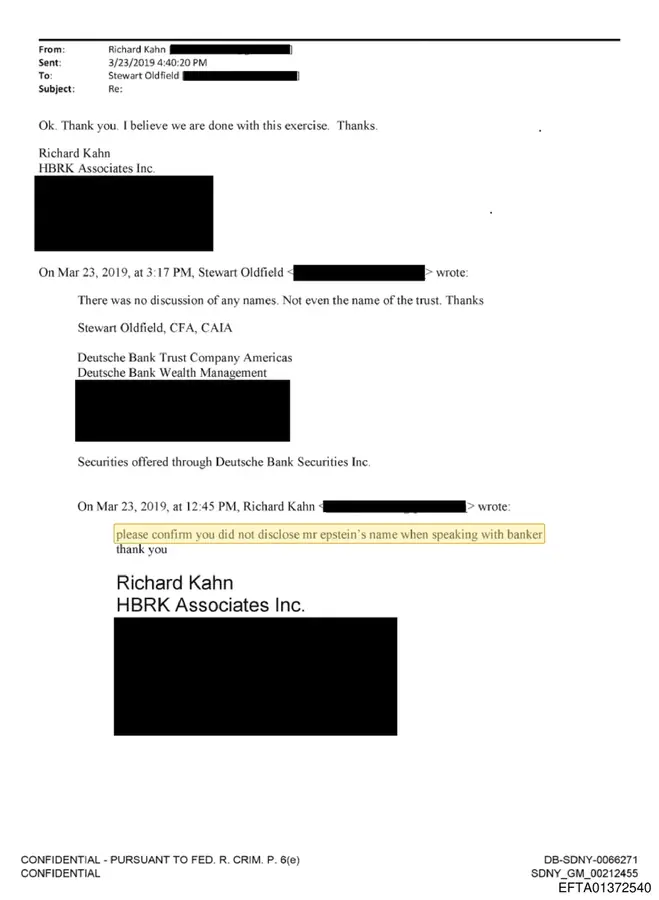 March 23, 2019 email asking Stewart Oldfield to confirm he did not disclose Epstein's name when speaking with a banker