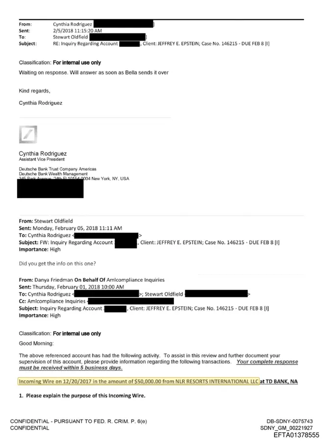 February 2018 Deutsche Bank compliance email asking for the purpose of a $50,000 incoming wire to Jeffrey E. Epstein's account