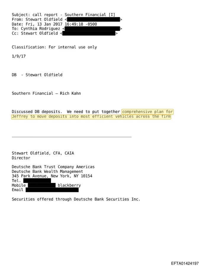 January 13, 2017 call report in which Stewart Oldfield says the bank needed a comprehensive plan for Jeffrey to move deposits across the firm