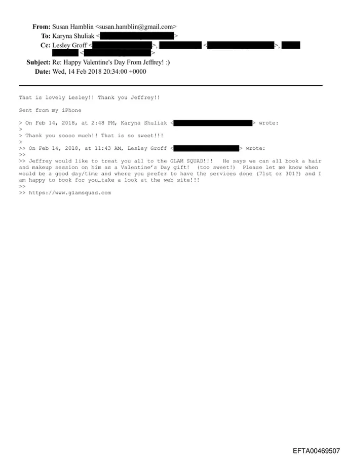 February 14, 2018 email in which Susan Hamblin thanks Karyna Shuliak and Lesley Groff for a Glam Squad Valentine's Day gift from Jeffrey Epstein