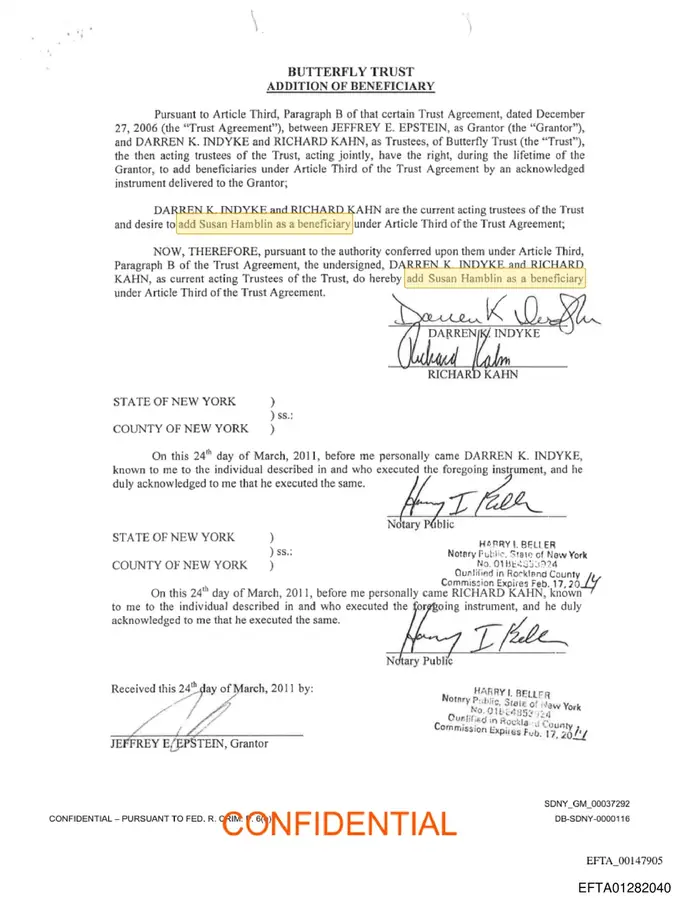 March 24, 2011 Butterfly Trust page adding Susan Hamblin as a beneficiary under Jeffrey Epstein's trust