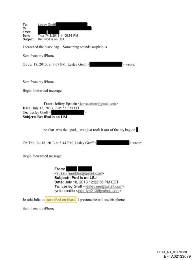 July 18, 2013 email saying Jeffrey told staff to leave an iPod on Little Saint James