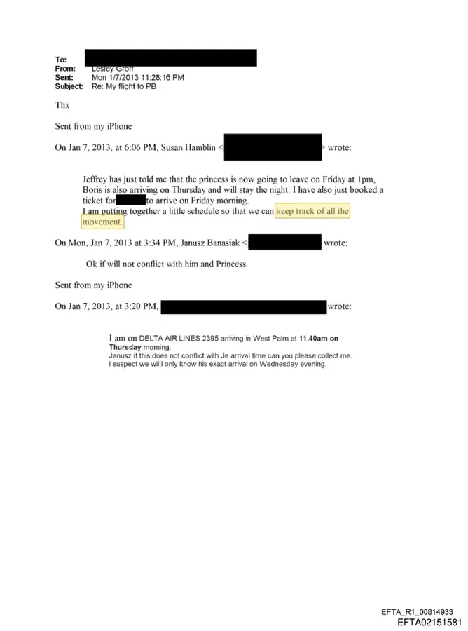 January 7, 2013 email from Susan Hamblin coordinating Palm Beach travel and arrivals for Jeffrey Epstein's circle