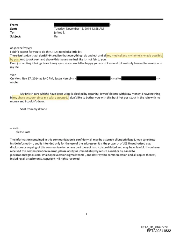 November 2014 email chain saying Susan Hamblin's salary had stopped and that her daily life and home were made possible by Jeffrey Epstein