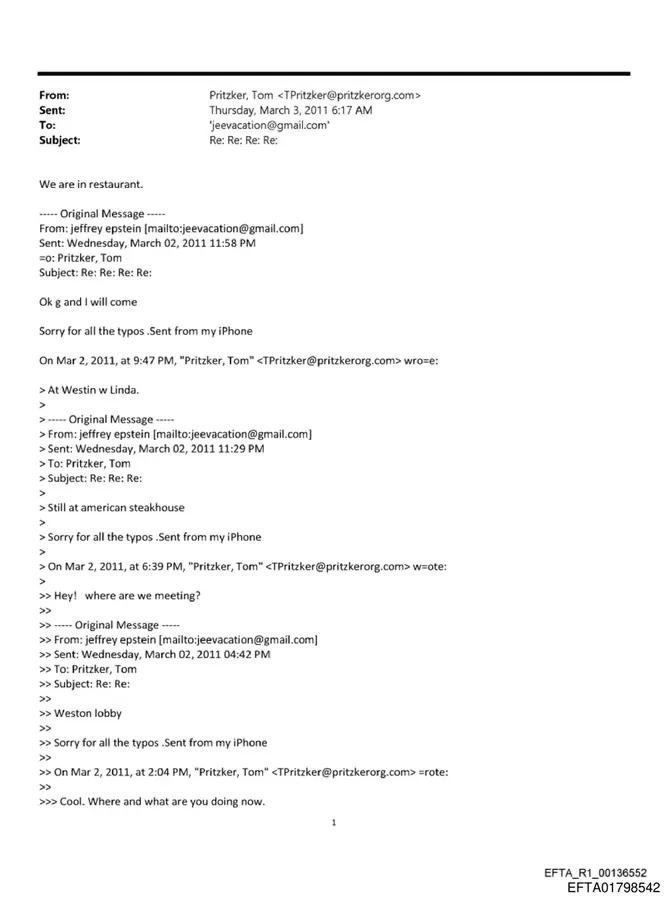 March 2011 email thread between Thomas Pritzker and Jeffrey Epstein about where they are meeting
