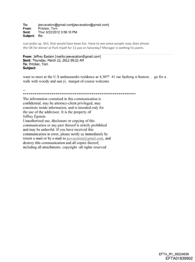 March 22, 2012 email about the U.S. ambassador's residence in Paris and dinner at Park Hyatt