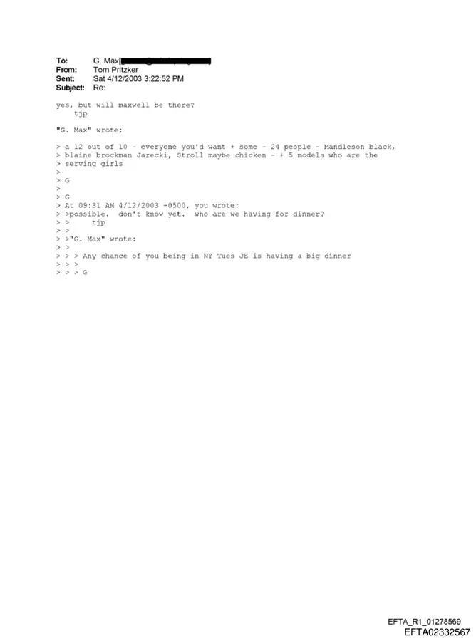 April 12, 2003 email from Ghislaine Maxwell to Tom Pritzker about a Jeffrey Epstein dinner with serving girls