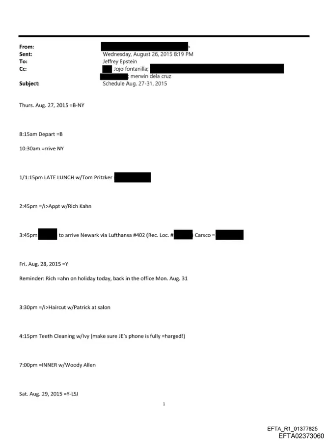 August 2015 schedule showing late lunch with Tom Pritzker and dinner with Woody Allen