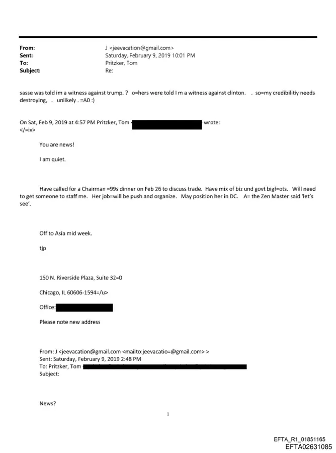 February 9, 2019 email exchange between Jeffrey Epstein and Thomas Pritzker about witness claims
