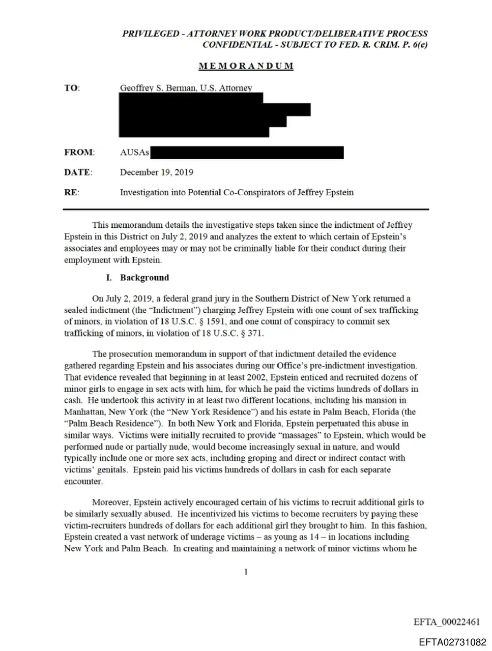 Confidential FBI memo detailing Epstein's connections