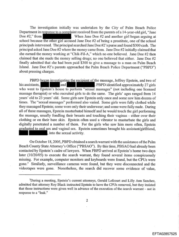 Page 2 of the Operation Leap Year prosecution memo describing the Palm Beach Police investigation, 27 identified victims, and the search warrant execution