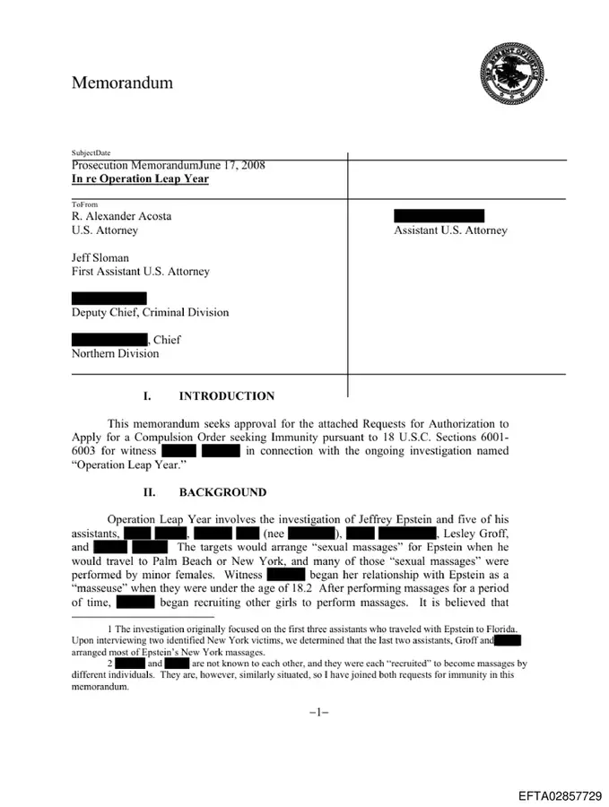 Page 1 of the June 17, 2008 immunity and compulsion prosecution memorandum targeting Lesley Groff and Epstein's assistants