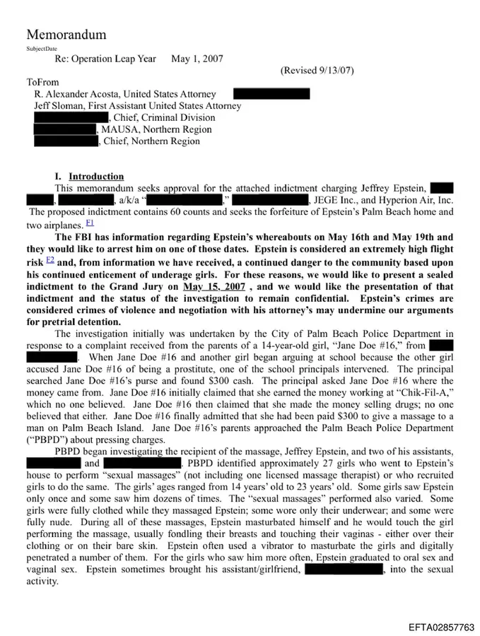 Page 1 of the revised Operation Leap Year legal memorandum dated May 1, 2007 (revised September 13, 2007) laying out interstate sex-trafficking charges