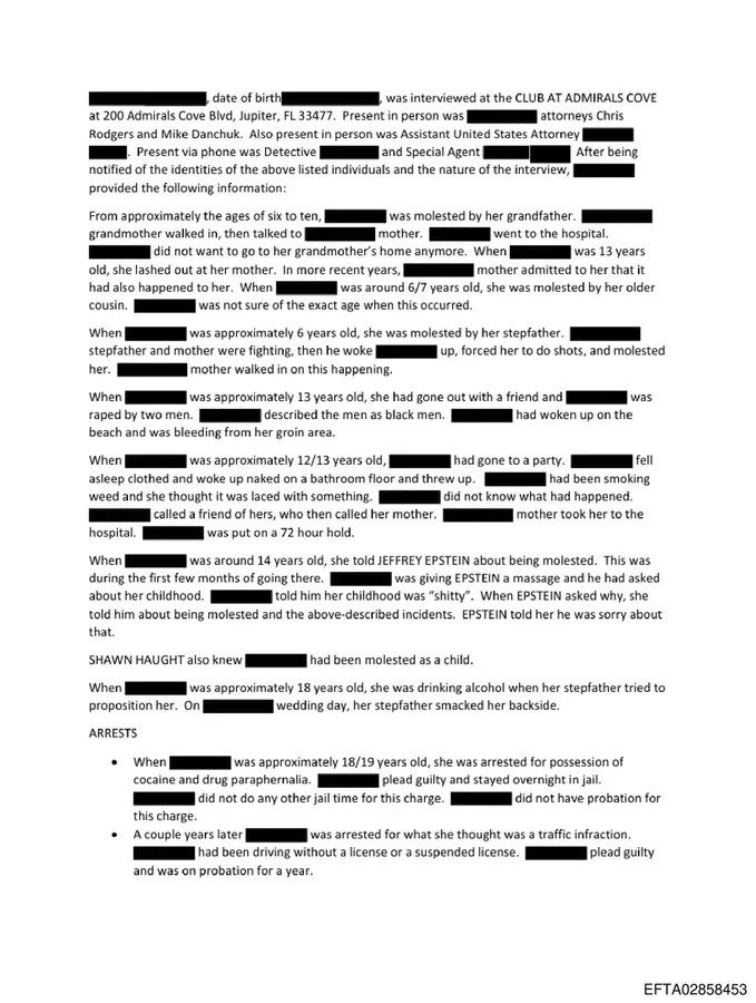 Page 1 of a Palm Beach victim interview documenting a woman who began visiting Epstein at approximately age 14