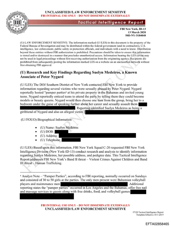 Page 1 of the FBI Tactical Intelligence Report on Peter Nygard associate Suelyn Medeiros, dated March 13, 2020