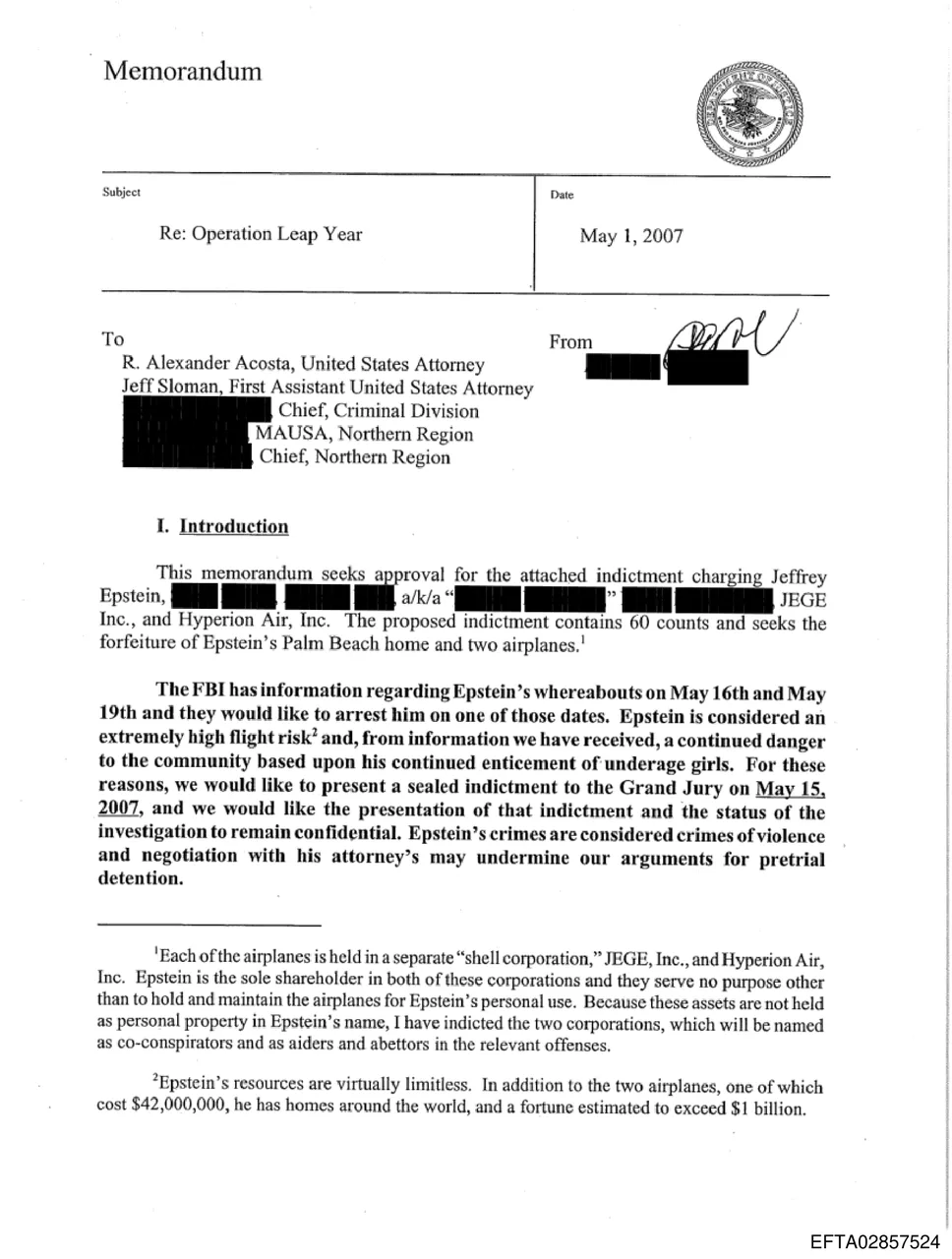Page 1 of the Operation Leap Year prosecution memorandum, dated May 1, 2007, seeking a 60-count indictment against Jeffrey Epstein