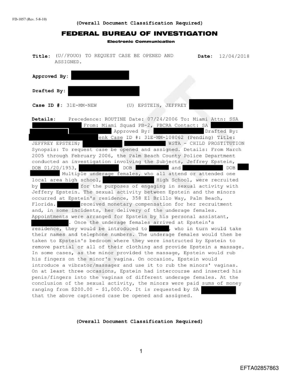 Page 1 of the FBI Electronic Communication requesting the Epstein case be reopened, dated December 4, 2018