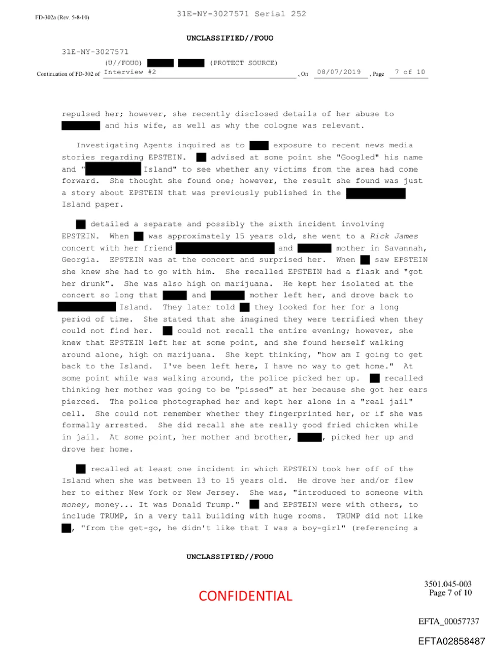 Page 7 of FBI FD-302, Interview #2, describing the protected source's account of being introduced to Donald Trump by Jeffrey Epstein