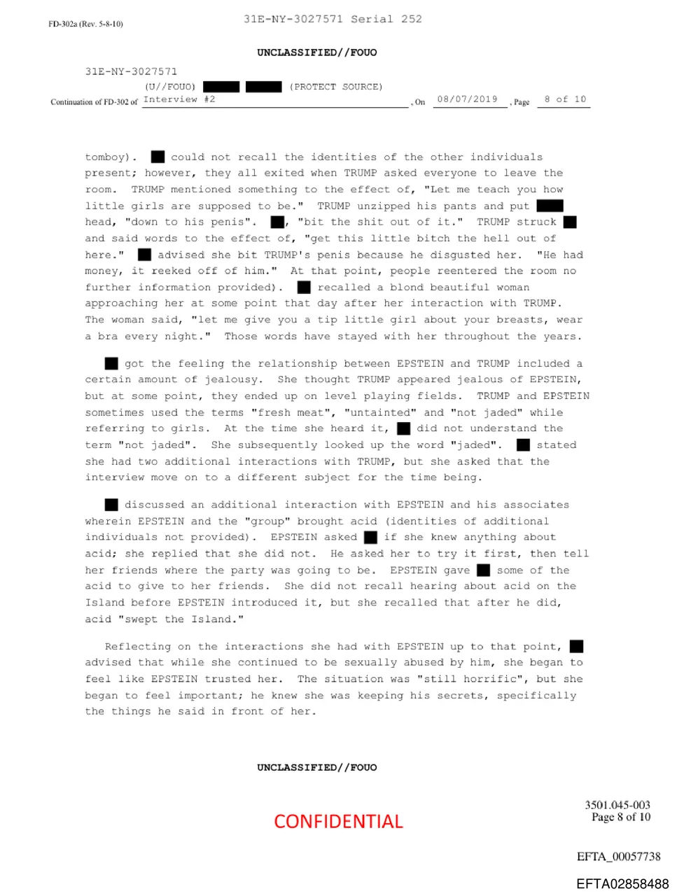 Page 8 of FBI FD-302 detailing the alleged sexual assault by Trump and his use of terms like 'fresh meat' referring to girls