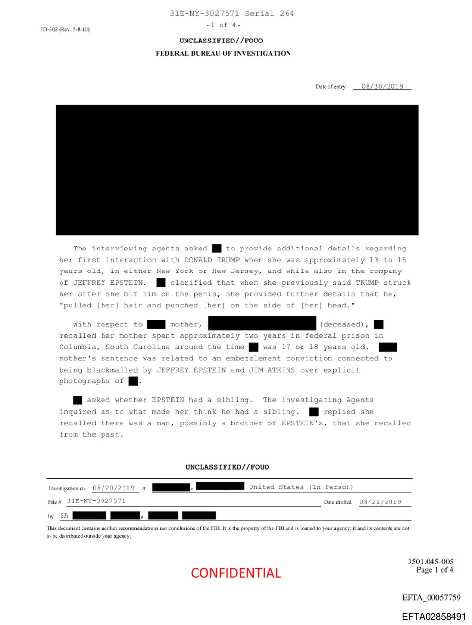 Page 1 of FBI FD-302, Interview #3, Serial 264, dated August 30, 2019