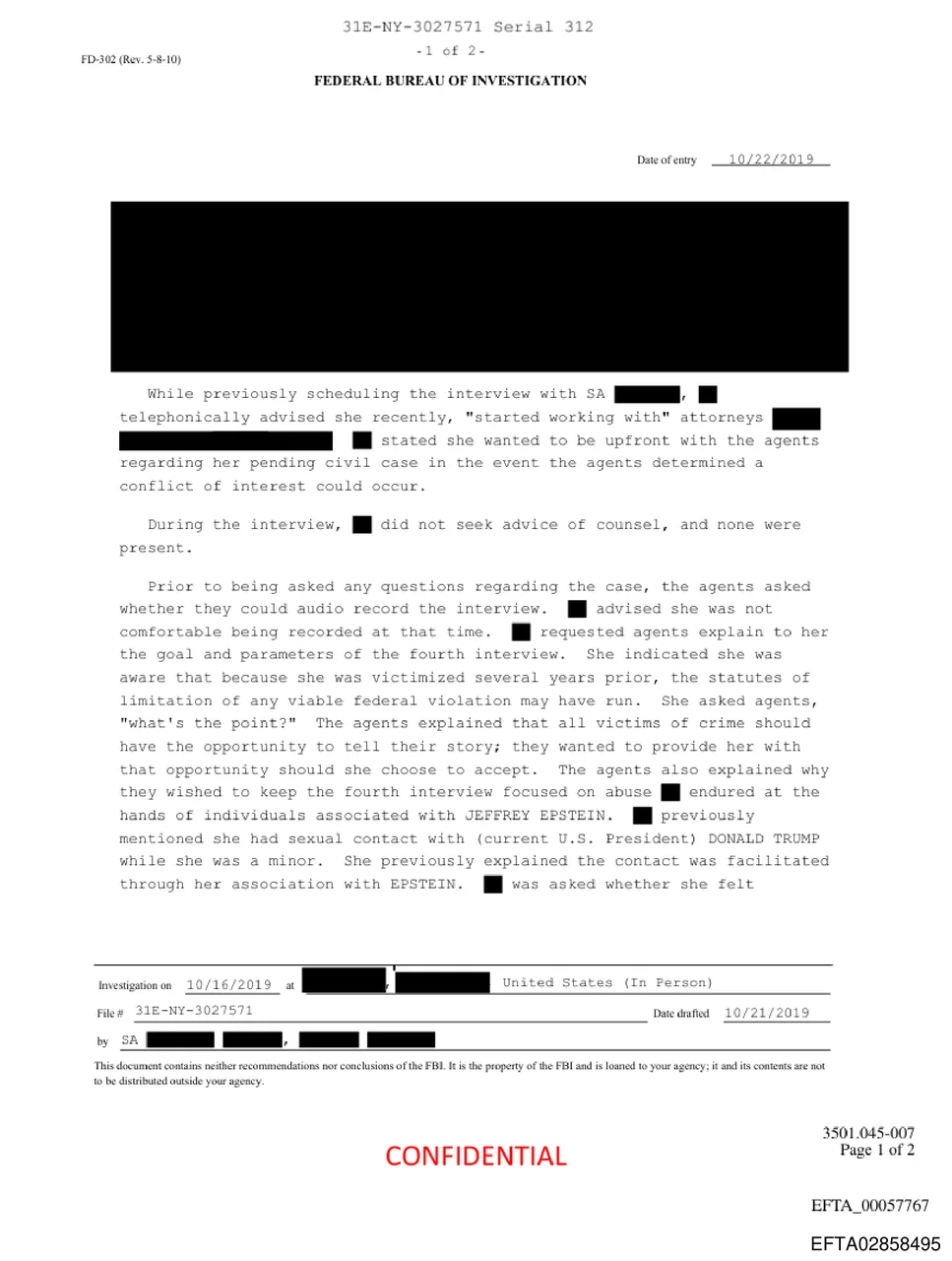 Page 1 of FBI FD-302, Interview #4, Serial 312, where the source asks agents 'what's the point' of providing further details about Trump