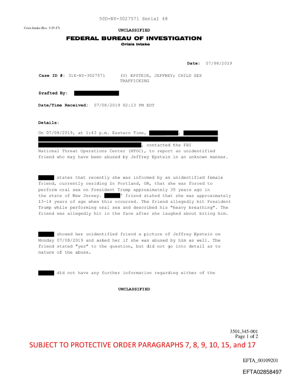 FBI Crisis Intake form dated July 8, 2019, documenting a report that a woman was forced to perform oral sex on President Trump at approximately age 13-14